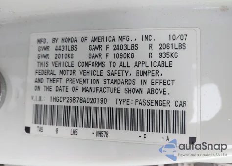 2008 Honda Accord 2.4 Ex-L из США, поврежденный, VIN 1HGCP26878A020190